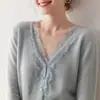 Cardigan de Renda Cashmere Solúvel em Água Névoa Nebulosa para Mulheres Gola V Cashmere Amigo da Pele Solto Plus Size Camisa Base de Tricô