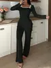 Conjunto de pijama quadrado com renda europeia e americana, top de manga longa e calça pantalona de cintura alta, conjunto casual para ficar em casa