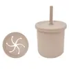 Taza de Silicona para Snacks Infantil Transfronteriza con Doble Asa, Asa, Popote Recto Curvo, Anticaídas, Suave, Taza de Agua Creativa, Taza con Popote