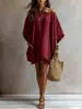 2026 Nuevo Vestido de Algodón y Lino con Hombros Descubiertos Más Vendido en Amazon para Mujer, Holgado de Manga Murciélago con Bolsillos, de Longitud Media para Vacaciones