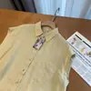 Camisa Top Casual Artística Feminina de Linho Puro de Alta Qualidade, Feita à Mão, com Botão de Bambu, Respirável e Confortável, Sem Mangas, com Lapela