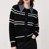Cárdigan de punto con cuello de camisa a rayas de bloques de color europeo y americano transfronterizo, nuevo estilo otoño/invierno para mujer, patchwork de mezclilla, suéter de dos piezas falso