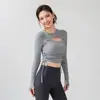 Ropa Deportiva de Manga Larga para Mujer, Secado Rápido, Sexy, Hueca, para Pilates y Fitness, Ropa de Yoga con Almohadillas en el Pecho, Colección Primavera y Otoño 2025