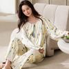 Pijama feminino de algodão para primavera e outono, composto por calça comprida de manga comprida, gola redonda e cordão ajustável. Conjunto casual, folgado e confortável para usar em casa.