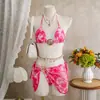 Traje de baño de tres piezas sexy con diseño tie-dye y malla, estilo nuevo europeo y americano 2026, bikini para vacaciones con cuello halter y amarre