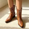 Botas vaqueras occidentales transfronterizas Otoño/Invierno 2026 Bordadas Tacón grueso Versátiles de media pantorrilla Retro Corte en V Tallas grandes Botas Martin para mujer