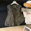Blusa redonda con ribete de encaje de estilo delicado para mujer, nueva colección 2026, con corbata de lazo, mangas abullonadas y un corte holgado tipo muñeca