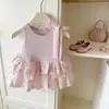 Vestido Infantil Estilo Coreano, Vestido Rosa Regata, Saia Multicamadas de Tule com Bolinhas, Vestido de Princesa, Vestido com Amarração para Bebê