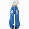 Calça de moletom esportiva azul com estampa de letras, estilo masculino, calça reta para dança de rua hip-hop americana, com design de perna larga, fluida e curva