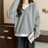 Suéter con capucha de comercio exterior para mujer primavera y otoño delgado suelto entallado costuras falso top de dos piezas