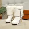 Botas de Cano Curto Europeias e Americanas Versáteis de Couro e Pelo Integrados com Strass Salto Alto Salto Bloco Bico Fino Zíper Lateral Moda Transfronteiriça