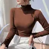 Camisa Base Elegante y Sencilla de Color Sólido, Ajustada, de Manga Larga, Nueva Colección Otoño e Invierno 2025, Chic, con Volantes, Cuello Semi Alto para Mujer