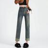 Pantalones de Mezclilla Pierna Recta para Mujer Petites Pantalones con Puntadas Vintage Diseño de Etiqueta de Cuero Cropped Cintura Alta Corte Delgado Pantalones Tubo Ahumado
