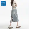 Saia Jeans de Cintura Alta Cor Clara com Fenda Feminina Outono Tendência Versátil Nova Solta Versátil Pequena Linha A Comprimento