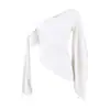 Blusa de Lyocell com babados ombro a ombro para mulheres, novo estilo outono 2026, design moderno, acinturada, camiseta assimétrica de manga longa