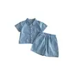 Conjunto de Roupa Jeans Infantil Novo Estilo Verão Versão Coreana Fofo Estampa de Rosto Sorridente Cardigã Manga Curta Calça Curta Fina Conjunto de Duas Peças