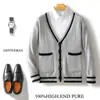Cárdigan de Bloques de Color con Doble Bolsillo 100% Lana para Hombre Otoño e Invierno Chaqueta de Punto Geométrico en Bloques de Color Top Holgado para Hombre