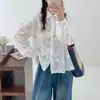 Camisa artística bordada de manga larga estilo bosque para mujer, blanca, corte holgado, tacto de algodón puro, top de diseño nicho, camisa de jacquard MHT
