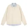 Suéter con cuello de camisa falso de dos piezas para hombre, top de punto Henley gris, jersey holgado y casual para primavera y otoño
