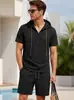 Conjunto de camisa de lino de manga corta para hombre transfronterizo, pantalón corto de trabajo tipo jersey con cuello, estilo vacacional de playa europeo y americano