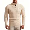 Suéter henley para hombre, suéter de punto trenzado de cuello alto medio con tres botones y bolsillos, suéter de punto grueso tipo pullover para hombre