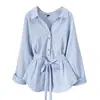 Nova Blusa Feminina de Primavera Plus Size com Design Único, Gola V, Azul, Afina a Cintura, Manga Longa de Chiffon