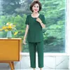 Traje de Verano de Algodón y Lino de Manga Corta Moda Madre de Mediana Edad Estilo Occidental Camiseta Conjunto de Dos Piezas Ropa para Mujeres de Mediana Edad y Mayores Delgado Verano