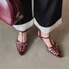 Elegantes Sandalias Romanas de Punta con Tacón Medio de Metal de Correa Fina Francesa Verano 2025 Tacón Grueso Pequeño Hebilla de Una Línea Piel Genuina para Mujer