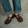 Zapatos de Cuero Mary Jane Estilo Británico Brogue Tallado Piel de Vaca Lavada 2026 Tacón Medio Grueso Punta Redonda Zapatos de Cuero Genuino para Mujer