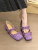 Taro Roxo! Sapatos Mary Jane Gentle Bow One-Word com salto interno e sola grossa de camurça para mulheres