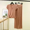 Conjunto de moda verão leve de modal com decote V e manga curta e calça casual de cintura alta solta plus size emagrecedor