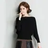 Blusa Feminina de Manga Morcego Outono Nova Versão Coreana Versátil Solta Manga Morcego Ombro a Ombro Camiseta de Tricô Cinza Tamanho Único