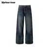 Calça Jeans Casual Flare Lavagem Vintage de 14,2 oz com Efeito Bigode Tridimensional para Homens e Mulheres, Perna Reta Solta, Comprimento no Chão, Tendência
