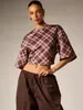 Camiseta corta a rayas Y2K transfronteriza europea y americana más vendida para mujer, corte holgado, adelgazante, cuello redondo, manga media, estilo casual y cropped
