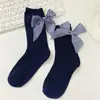 Meias de Cano Médio Doces e Fofas para Meninas, Estampadas com Renda, Xadrez e Laços, Populares Meias Longas Azul Marinho