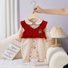 Mono Floral Estilo Coreano Rojo Festivo Ropa de Bebé Traje para Niños de Primavera y Otoño Conjunto de Dos Piezas para Mujer