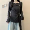 Camiseta Casual de Manga Larga con Lazos y Diseño Asimétrico, Adelgazante, Tallas Grandes para Mujer, Otoño 2026