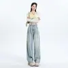 Calça Jeans Wide Leg Plissada de Cor Clara para Mulheres, Novo Estilo de Verão, Petite Cintura Alta, Caimento Solto Versátil, Perna Reta, Comprimento no Tornozelo