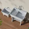 Fregadero de lavandería de piedra de cuarzo para balcón exterior con tabla de lavar integrada, diseño todo en uno para lavado de manos y lavado en el patio