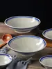 Cuenco Pequeño de Cerámica Rústica Antiguo para Uso Comercial en Restaurantes de Hot Pot, Cuenco Pequeño para Ingredientes, Cuenco para Platos, Cuenco Plano con Borde Azul de Doble Línea, Cuenco de Arroz de Cerámica