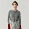 Otoño e Invierno Nuevo Estilo Pequeño Estilo Chanel Diseño de Botones Suéter de Cachemira Manga Larga Cárdigan Tejido para Mujer Bloque de Color Cuello Redondo Suéter Engrosado