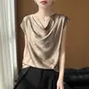 Satén de Seda 2026 Primavera/Verano Nuevo Estilo Corto para Mujer Estilo Francés Cuello Drapeado Suave Como la Seda Elegante Camiseta Top Simple de Manga Corta
