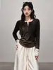 Confortável blusa Henley de manga comprida, estilo duas peças, em tecido escovado e artificial, para mulheres, corte justo, elástica, com blocos de cor, camiseta de base para primavera/outono