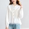 Encaje Bordado Costuras Plisadas Camisa de Manga Larga Artística Simple Dulce Linda Cuello Redondo Combinable Camisa de Manga Larga
