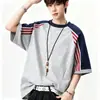 Camiseta Masculina de Algodão Puro com Listras Coloridas Estilo Americano, Manga Curta, Marca Tendência de Verão, Top Listrado Casual Solto