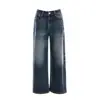 Jeans Mujer Sueltos Pierna Ancha Lavado Americano Desgastado Rasgado Azul-Gris Pantalones Largos Azul-Gris Extendido Yi Chun Patrón de Algodón