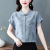Nueva blusa de lino y algodón de estilo chino para mujer, verano 2025, nueva camisa de lino de manga corta con botones y cuello vertical de estilo nacional, a la moda