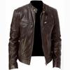 Casaco de couro europeu transfronteiriço masculino gola alta moderno primavera e outono nova jaqueta de couro bonita roupa de motociclista Casaco juvenil plus size