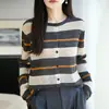 Cárdigan de punto a rayas color-block de cuello redondo estilo Old Money, suéter fino calado para mujer, prenda de abrigo a la moda, top holgado y casual