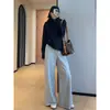 Calça Treasure: Calça Reta de Cintura Alta Emagrecedora com Barra Desfiada e Efeito Drapeado, Calça de Moletom Casual para Mulheres, Novo Modelo 2026 H082912
